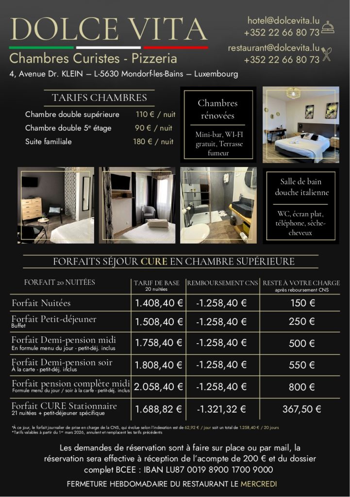 Tarifs sejour cure dolce vita 2026